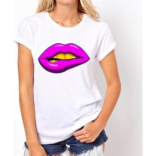 New Sexy Red Lips Print Women T-shirt Summer Casual Fashion Short Sleeve O-Neck T-shirt Ladies White T-Shirt Brand Design Tops