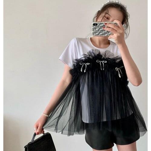 New Summer Mesh Patchwork White Tees Womens Beading Bow Short-Sleeved Loose T-Shirt Casual Fashion Brand Bottoming Tops Clothes