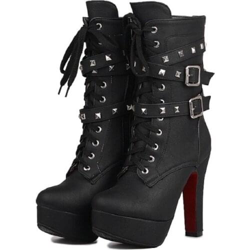 Original Intention Stylish Women Ankle Boots Platform Rivets Round Toe Combat Boots Black Beige Nude Brown Shoes Woman Plus Size