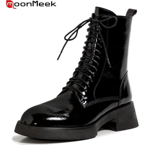 MoonMeek 2021 New arrival women boots genuine leather boots thick heels square toe fashion lace up ankle boots shoes woman