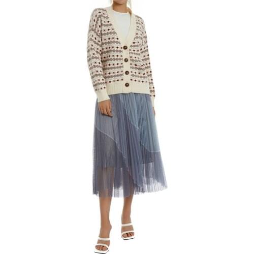 Autumn Winter Women V-Neck Cardigan Geometric Pattern Single-Breasted Knitted Knitwear Sweater Jumpers