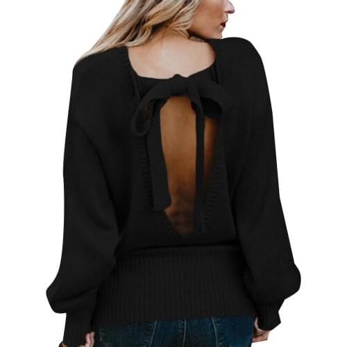 Fashion Autumn Winter Sweater Women Solid Color O Neck Backless Back Bow Tie Oversize Knitwear Sweater