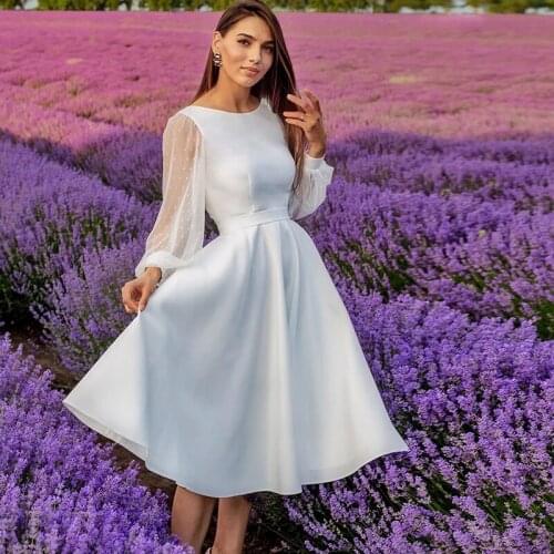 Elegant Short Wedding Dresses Lace Tulle Modest Long Sleeve Scoop Neck Bohemian Beach Garden Bridal Gowns 2021 Vestido De Novia