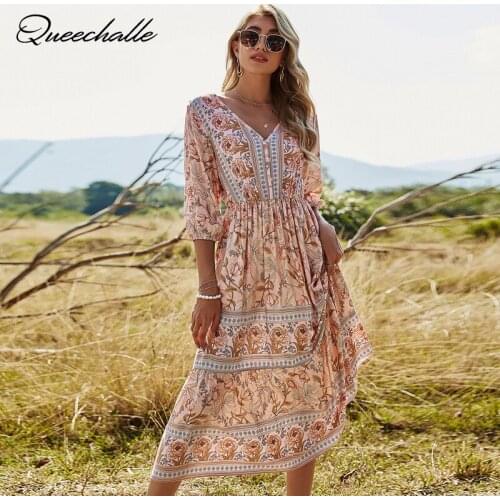 New 2021 Summer Dress Boho Vacation Style Print Dress Women Casual Button V Neck Lantern Sleeve High Waist Medium Long Dresses
