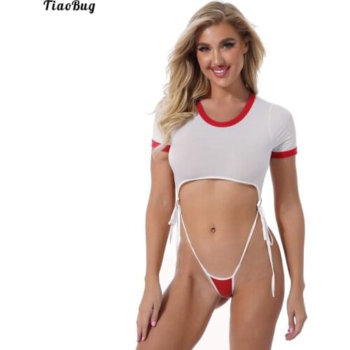 TiaoBug Women Color Block See-Through Lace-Up Bodysuit Round Neck Short Sleeve O-Ring Connected Leotard Role Play Costume
