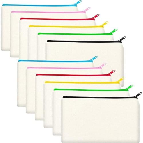 12 Pack Blank Canvas Makeup Bag,Bulk Cosmetic Bags with Multi-Color Zipper,Canvas Zipper Pencil Case Pouch,DIY Craft