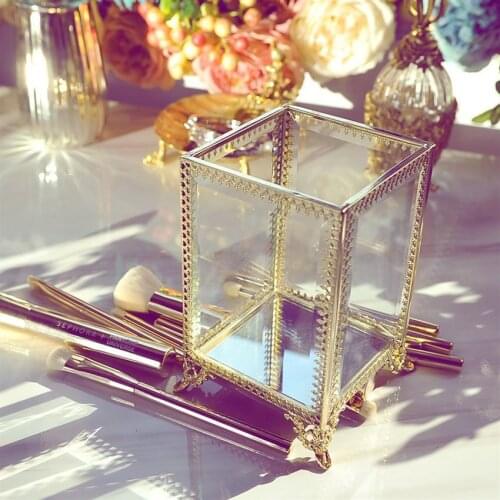 2019 New Nordic Retro Copper Lace Glass Jewelry Storage Box Transparent Eyebrow Pencil Makeup Tube Gift