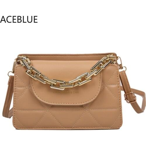 ACEBLUE Women All-match Fashion Metal Chain Handbag Shopping Purse Flap Diamond Lattice PU Leather Small Shoulder Crossbody Bags
