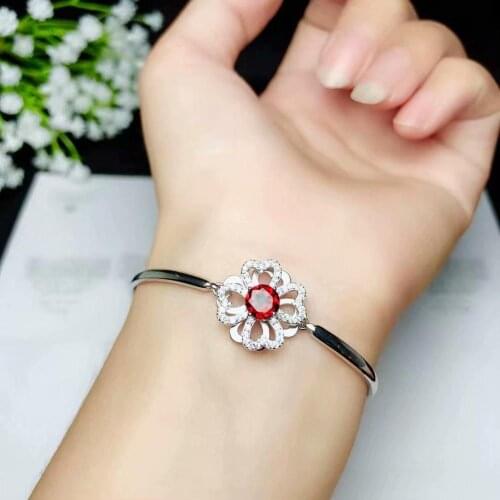 Rotatable fun:petal shape red garnet gemstone bracelet for women silver ornament fine jewelry wine red color girl birthday gift