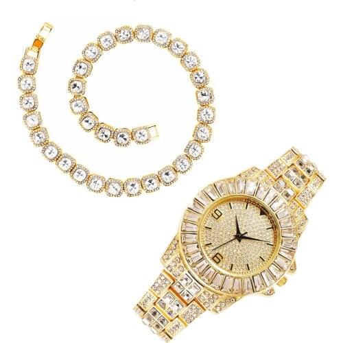 Necklace Watch Bracelet Hip Hop Chain Tennis Iced Out Watch for Men Women Paved CZ Bling Gold Watch Luxury Fashion Reloj Hombre