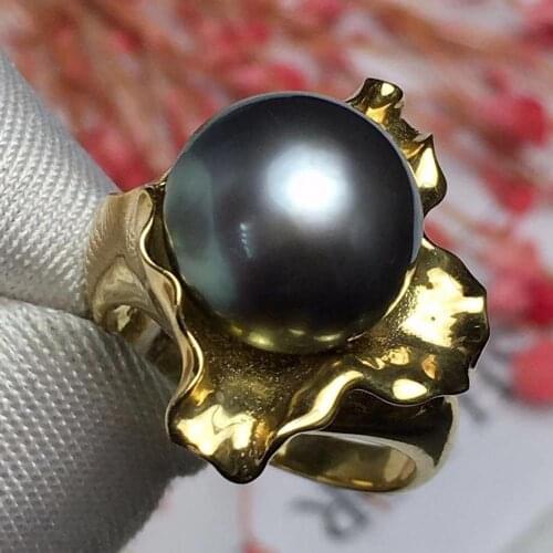 Pure 18K Yellow Gold 100% Nature diamonds and Tahitian Black Pearl 11mm Females' Fine Rings for Women Fine Jewelry