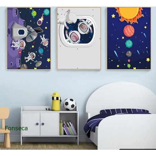 Boys Room Kids Nursery Decorations Poster Astronaut Space Planet Canvas Painting Scandinavian Nordic Wall Art Pictures