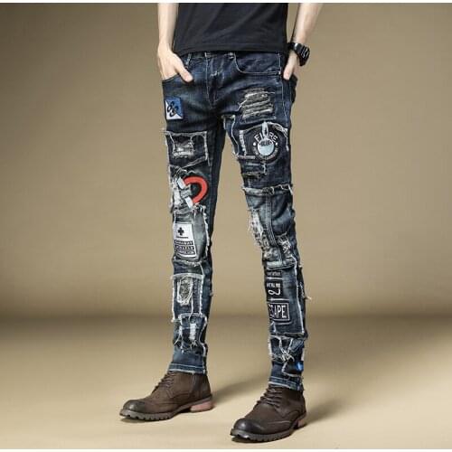 Pantolon Erkek Kot Mens Male Denim Jeans Spring Embroidered Slim Feet Pants Fashion Hip-hop Rock Tide Casual Trousers 84%cotton