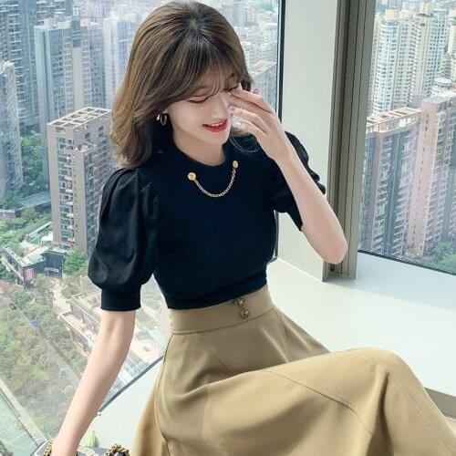 Woman Tshirts Short Puff Sleeve Summer Female Tees Fashion Korean Sweet Casual Short Sleeve Solid O-Neck Slim Fit Femme Tops
