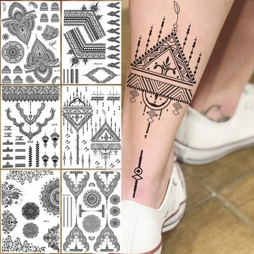 Indian Hena Geometric Temporary Tattoos For Women Adults Realistic Henna Lace Flower Fake Tattoo Sticker Leg Arm Bohemian Tatoos