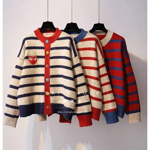 Female Spring Sweet Retro Contrast Color Stripped Cardigans Cute Girl Colorful Buttons Heart Embroidery Coat Harajuku Sweaters