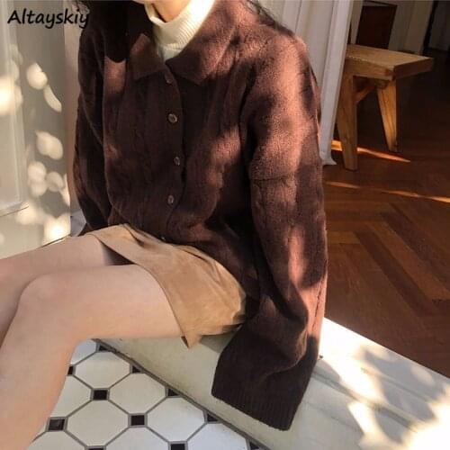 Cardigan Women Solid Button Twisted Knitted Sweater Oversize Minimalist Daily Retro Chic Outwear Basic Warm Harajuku Student New