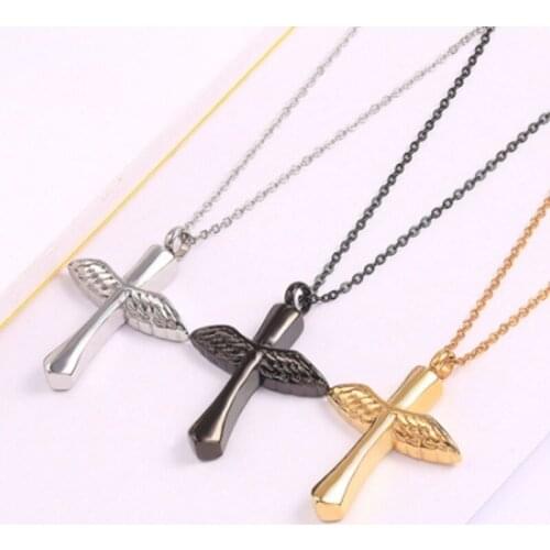 Angel Wings Stainless Steel Feather Cross Perfume Bottle Necklace Couple Pendant Jewelry