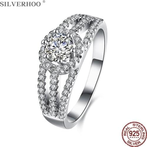 SILVERHOO 925 Sterling Silver Wedding Engagement Rings For Women Shining Round Cubic Zirconia Crystal Finger Ring Luxury Jewelry