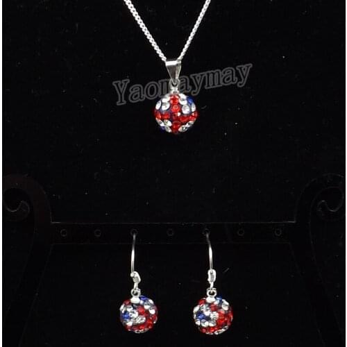 UK Flag Disco Ball Pendant Earrings And Silver Plated Necklace Rhinestone Jewelry Set 10 Sets Wholesale