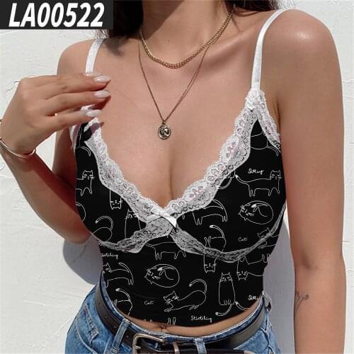 2021 Summer New Trend Womens Sexy Ribbon Stitching Deep V-neck Floral Cat Printing Camisole