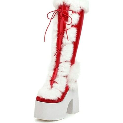 MKKHOU Fashion Knee-High Boots Women 2020 new red feather waterproof platform with thick heel 15cm super high heel leather boots