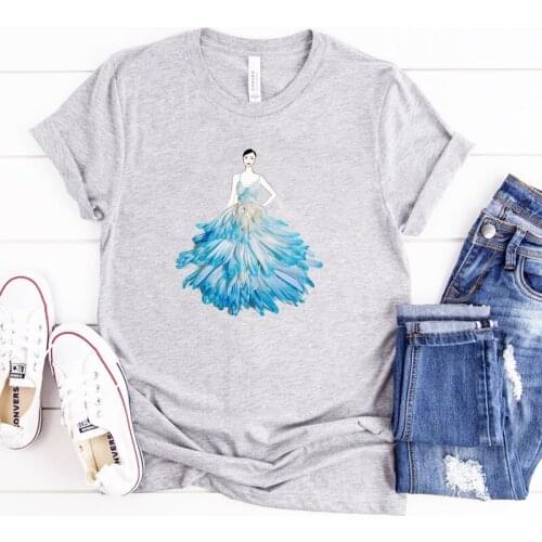 Harajuku Fashion Design Tees Flower Petal Dress Drawing Printing Girls T-Shirt Female Cotton Short-Sleeve Tshirt Women Tops