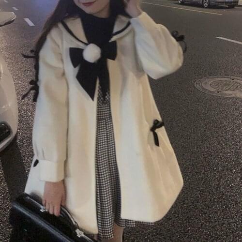 Autumn/Winter Japanese Cute Kawaii Lolita Girl Woolen Coat Vintage Preppy Gentle Fairy Sailor Collar JSK Cute Girl Woolen Jacket