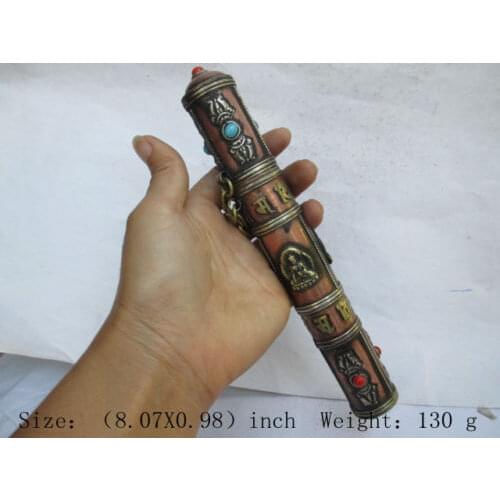 Elaborate Ancient copper inlaid with artificial gems Tibetan Buddhism guanyin statue cylinder