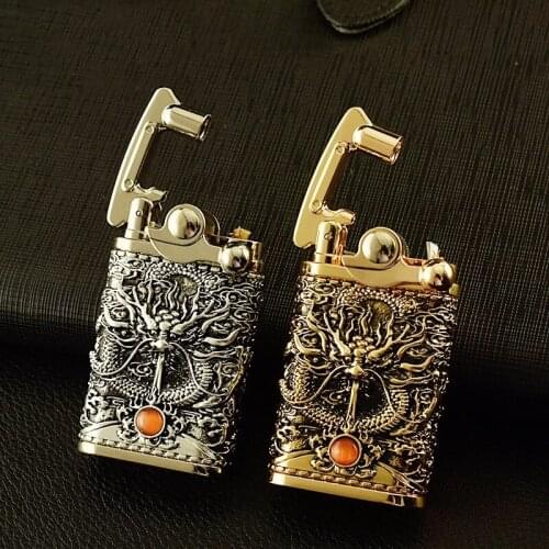 Retro Gold Dragon Relief Flint Lighter Antique Brass Grinding Wheel Kerosene Gasoline Lighter Cigarette Accessories Man Cool