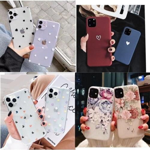 Luxury 3D Relief Flower Case For iPhone 11 Pro Max X XR XS Max 7 8 Plus SE 2020 6 6S Plus Soft Love Heart Transparent Back Cover
