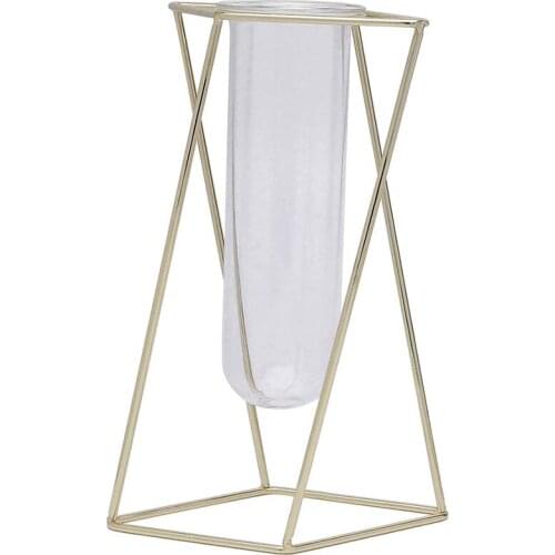 Glass Flower Vase with Metal Stand Modern Geometry Desktop Glass Planter Indoor Hydroponics Plants