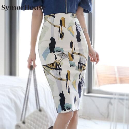 Women Skirts Summer Knee-Length Print Skirt Flowers Pencil Skirts Plus Size Split slim step skirts women