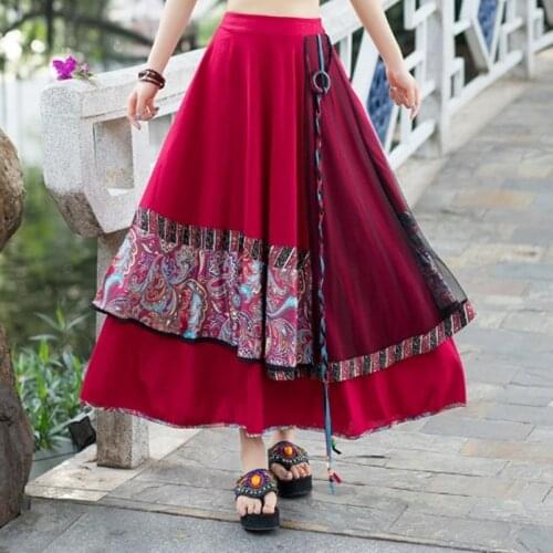 Ethnic Skirts Womens 2021 Female Autumn Mexico Style Hippie Original Boho Long Blue Red Patchwork Embroidery Midi Skirt 12311