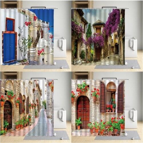 Garden Street Shower Curtains Colorful Flower Alley Printed Bathroom Curtain Set Waterproof Polyester Washable Fabric With Hooks