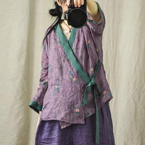 QPFJQD Ladies Quarter Sleeve Retro Blouse Chinese Style 2021 Summer Autumn Women Print Floral Belt Loose Ramie Shirts V-Neck