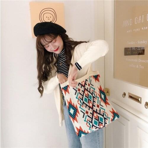 Bohemian style women shoulder bag wool knit shoulder bag large volume handbag vintage fashion women bag