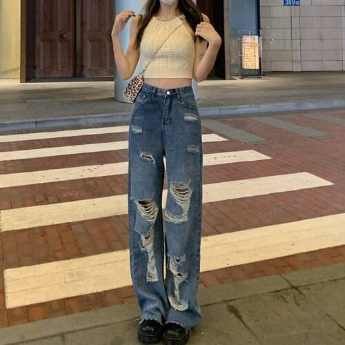 Ripped Straight Womens jeans Baggy Vintage High Waist Boyfriends Mom y2k Denim Distressed Streetwear Female