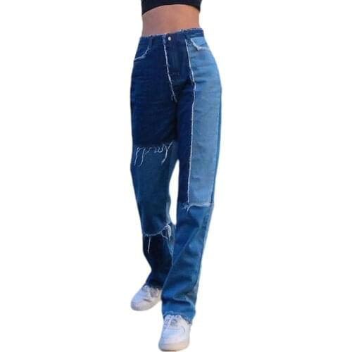 Women Vintage High Waist Jeans Fashion Casual Patchwork Color Block Straight Long Slim Jeans Pants Denim Pants Vaqueros Mujer