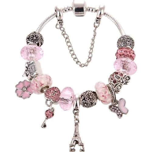 Silver plated Eiffel Tower Pendant Pink Crystal&Glaze DIY Fashion Cute Elegant Charms Pand Bracelets & Bangles For Women Gift