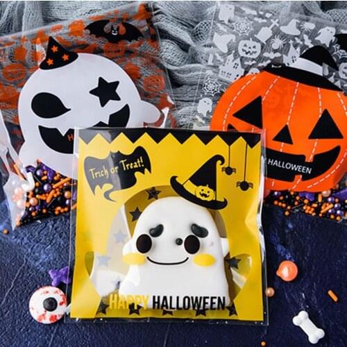 100pcs Happy 2021 Halloween Party Candy Bag Pumpkin Ghost Bat Candy Bag Kids Favor Halloween Decor Trick or Treat Candy Bag