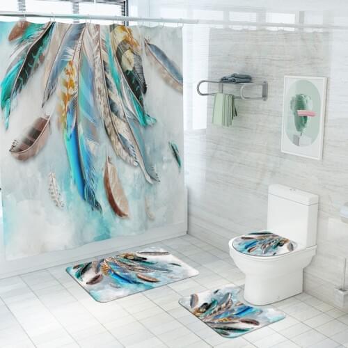 180x180cm Creative Colored Feathers Fabric Shower Curtains Bathroom Screen Curtain Pedestal Rug Lid Toilet Cover Bath Mat Carpet