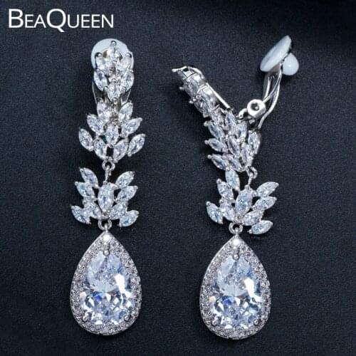 BeaQueen No Hole Ear Clip On Earrings Long Water Drop Cubic Zirconia Elegant Women Wedding Jewelry Without Piercing E208