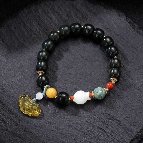 Black Hotan Jade Amber Beaded Bracelet Retro Style Charm Bracelet Stylish Bangles Accessories Jewelry Gift for Women