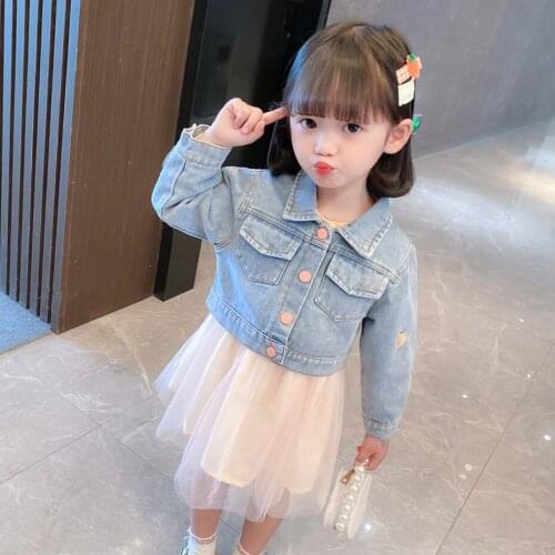 Kids Clothes Girls Denim Jacket + Mesh Dress Clothing For Girls Spring Autumn Clothes For Girls Casual Style Kids Tracksuit