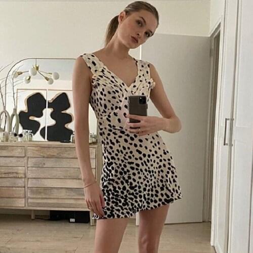 French retro leopard V-neck waist dress summer 2021 New Women Cute wave point sexy sleeveless skirt fashion