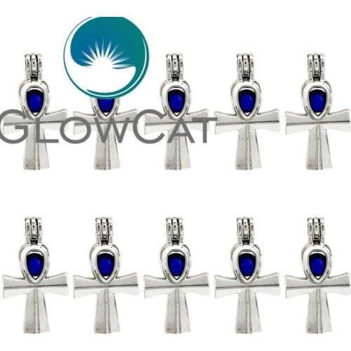 GLOWCAT 10x K677 Egyptian Cross Anka Beads Cage Locket Pendant Essential Oil Diffuser Pearl Cage Jewelry Making Supplies