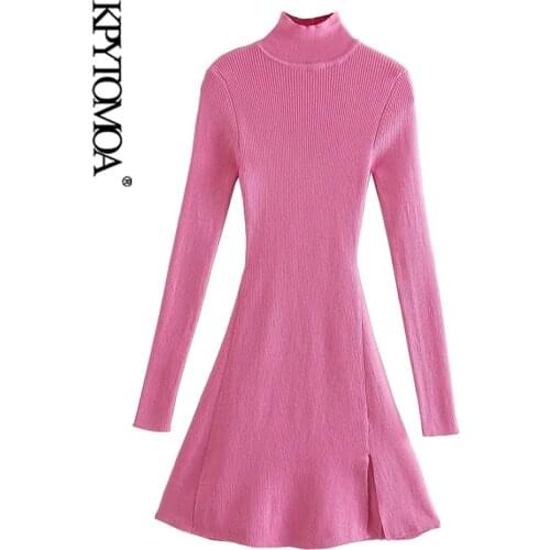 KPYTOMOA Women 2021 Chic Fashion Front Slit Fitted Knit Mini Dress Vintage High Neck Long Sleeve Female Dresses Vestidos Mujer