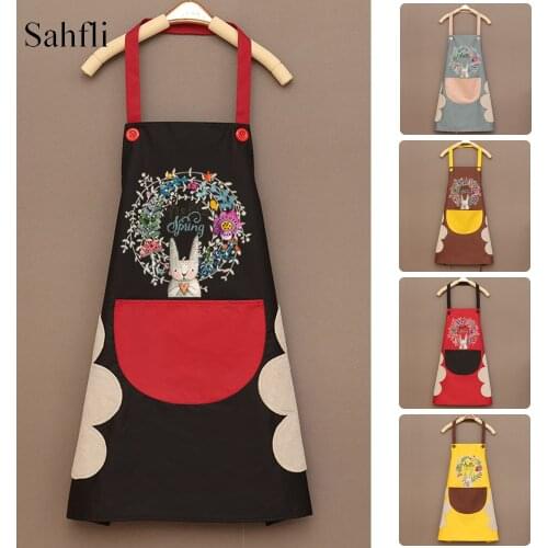 Pretty Flower Rabbit Pattern Waterproof Cooking Aprons for Home Kitchen Halter Design Sleeveless Bib Apron Dress with Pocket