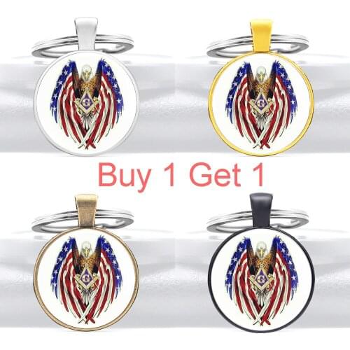 Buy 1 Get 1 New Fashion United States Flag Eagle Masonic Glass Cabochon Key Chain Classic Men Women Jewelry Key Rings